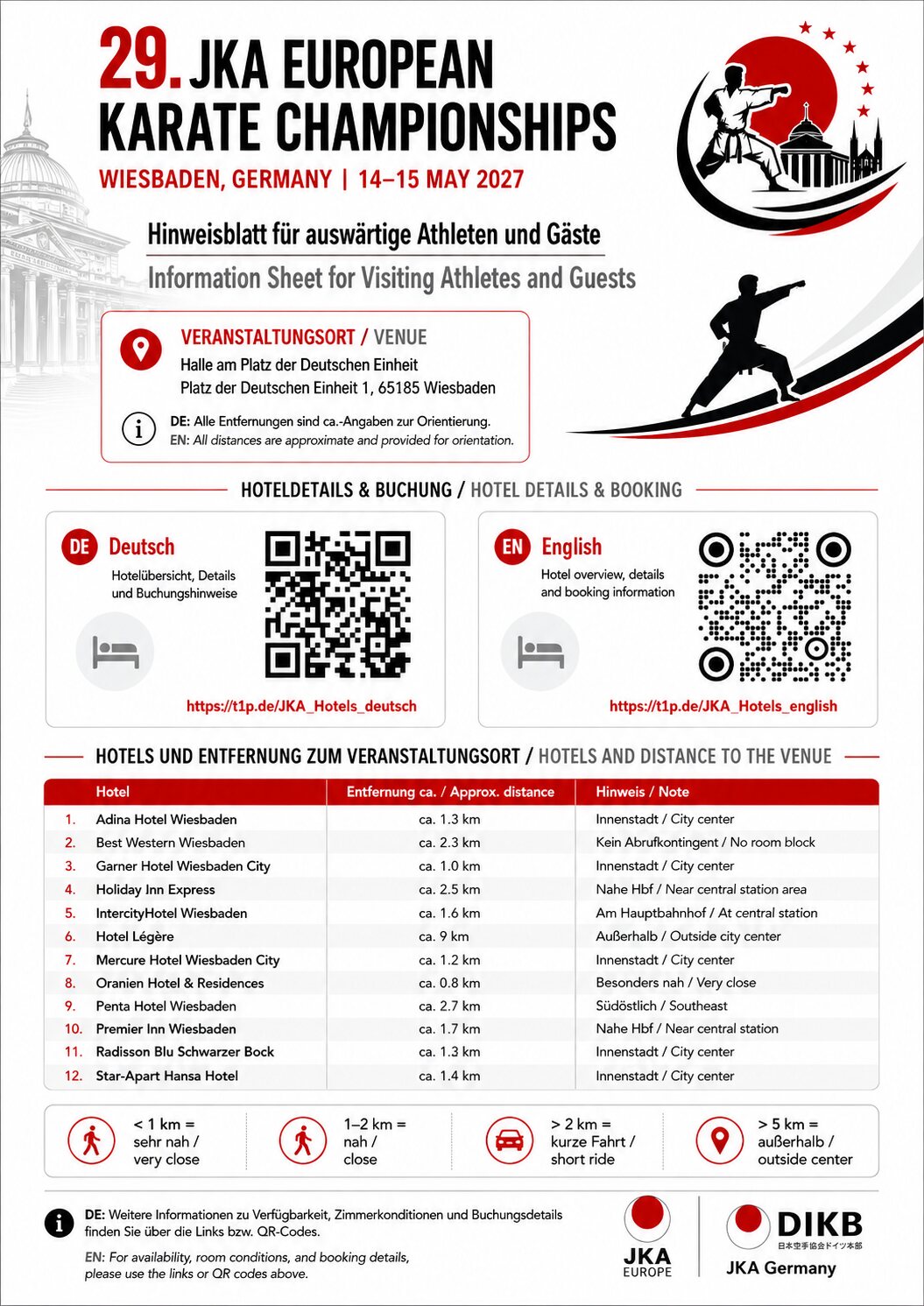 Hotel-Infosheet JKA Karate-EM 2027 Wiesbaden Info-Sheet: Hotelübersicht und Entfernungen zur Sporthalle Platz der Deutschen Einheit, mit QR-Codes zur Buchung auf Deutsch und Englisch
